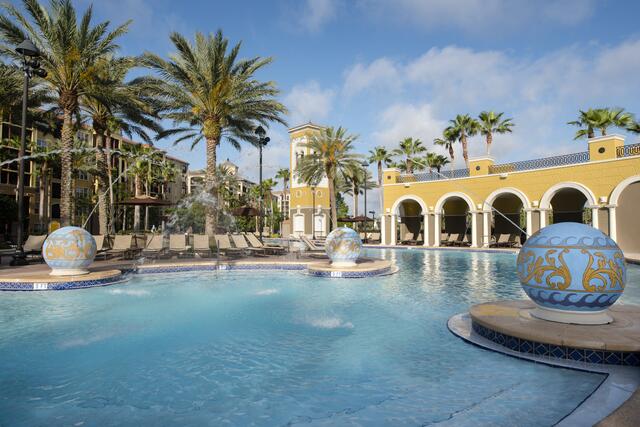 A poolside view at Hilton Grand Vacations Tuscany Village in Orlando, Florida.