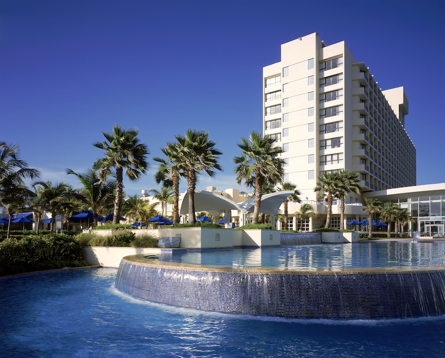 Palm trees and fountain outside the Caribe Hilton in San Juan, Puerto Rico.