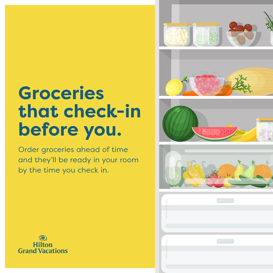 Infographic explaining Hilton Grand Vacations stock my fridge service. 