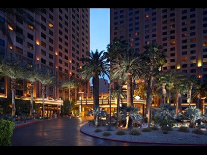 Palm trees illuminated at nighttime outside Hilton Grand Vacations on the Boulevard in Las Vegas, Nevada.