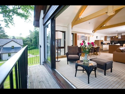 Balcony overlooking the green lawn at Hilton Grand Vacations at Dunkeld, in Scotland. 