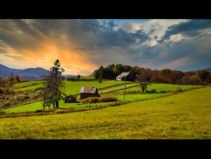 Beautiful panorama of a Viriginia farm at sunset. 