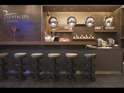 Interior shot of bar at Seven 7 Spa, Vilamoura, a Hilton Grand Vacations Club, Portugal. 