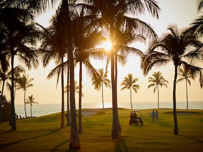 Stunning view of a Big Island golf course dotted with Palm Trees and sweeping ocean views, Kings' Land, a Hilton Grand Vacations Club, Hawaii.