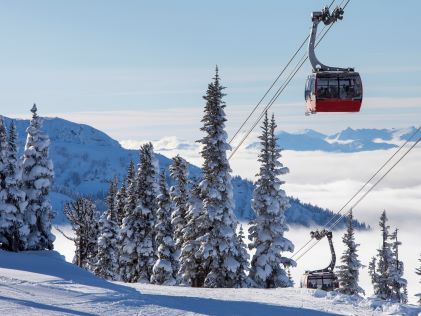 The Peak 2 Peak gondola connecting the snowy Whistler and Blackcomb Mountains in Whistler, Canada