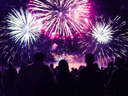 A group of people watch fireworks at night