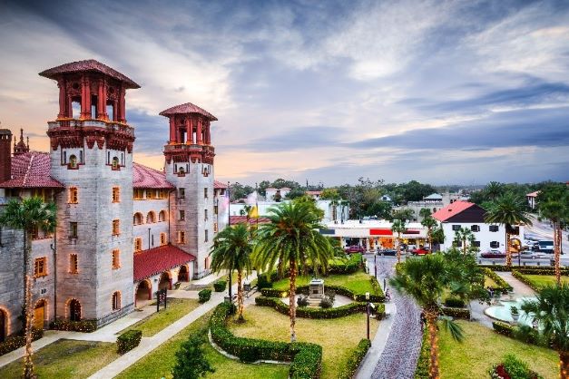 Beautiful aerial view of city hall and Alcazar courtyard in St Augustine, Florida. 