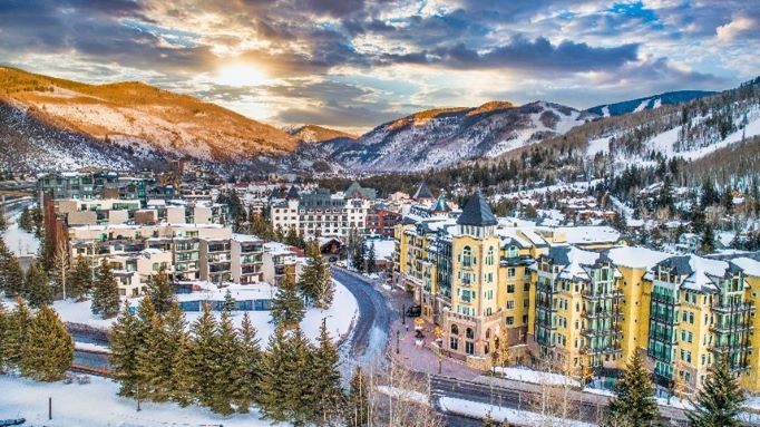 Gorgeous aerial view of Rocky Mountains and Alpine architecture, Vail, Colorado. 