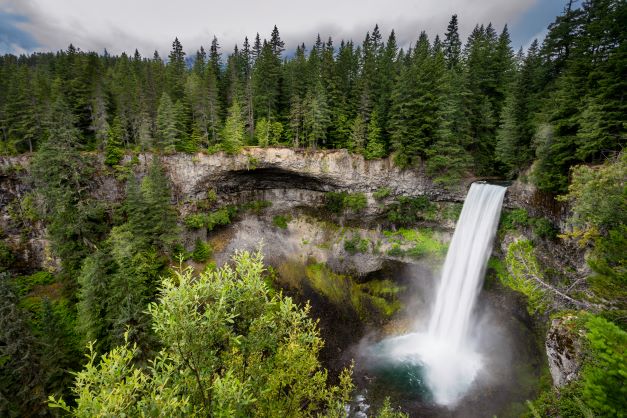 Stunning aerial view of verdant mountains and waterfall, Whistler, Canada. 