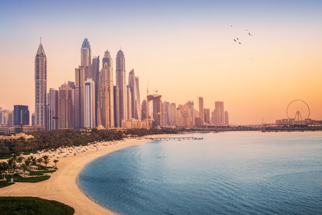 Skyline of Dubai, United Arab Emirates at sunset