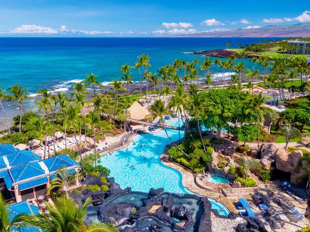 Stunning aerial image of Hilton Waikola Village, Big Island, Hawaii. 