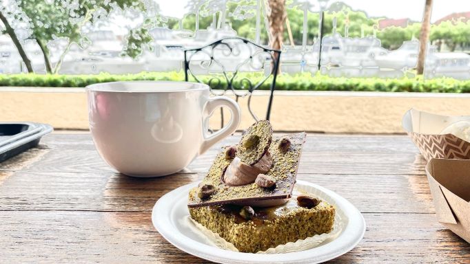 Beautifully presented pastry and cup of coffee, Hilton Head Social Bakery, South Carolina. 