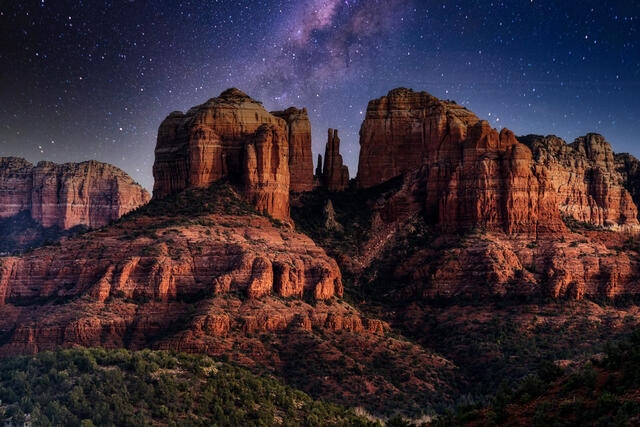 Stunning Image, the Milky Way sparkling overhead Cathederal Rock, Sedona, Arizona. 