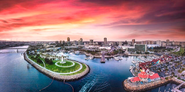 Picturesque aerial image, Los Angeles, sunset painted skies, California.