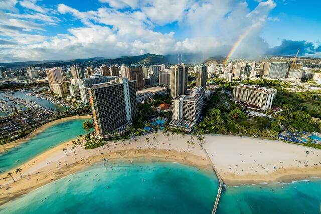 Picturesque aerial shot of Hilton Hawaiian Village®, Oahu, Hawaiian.